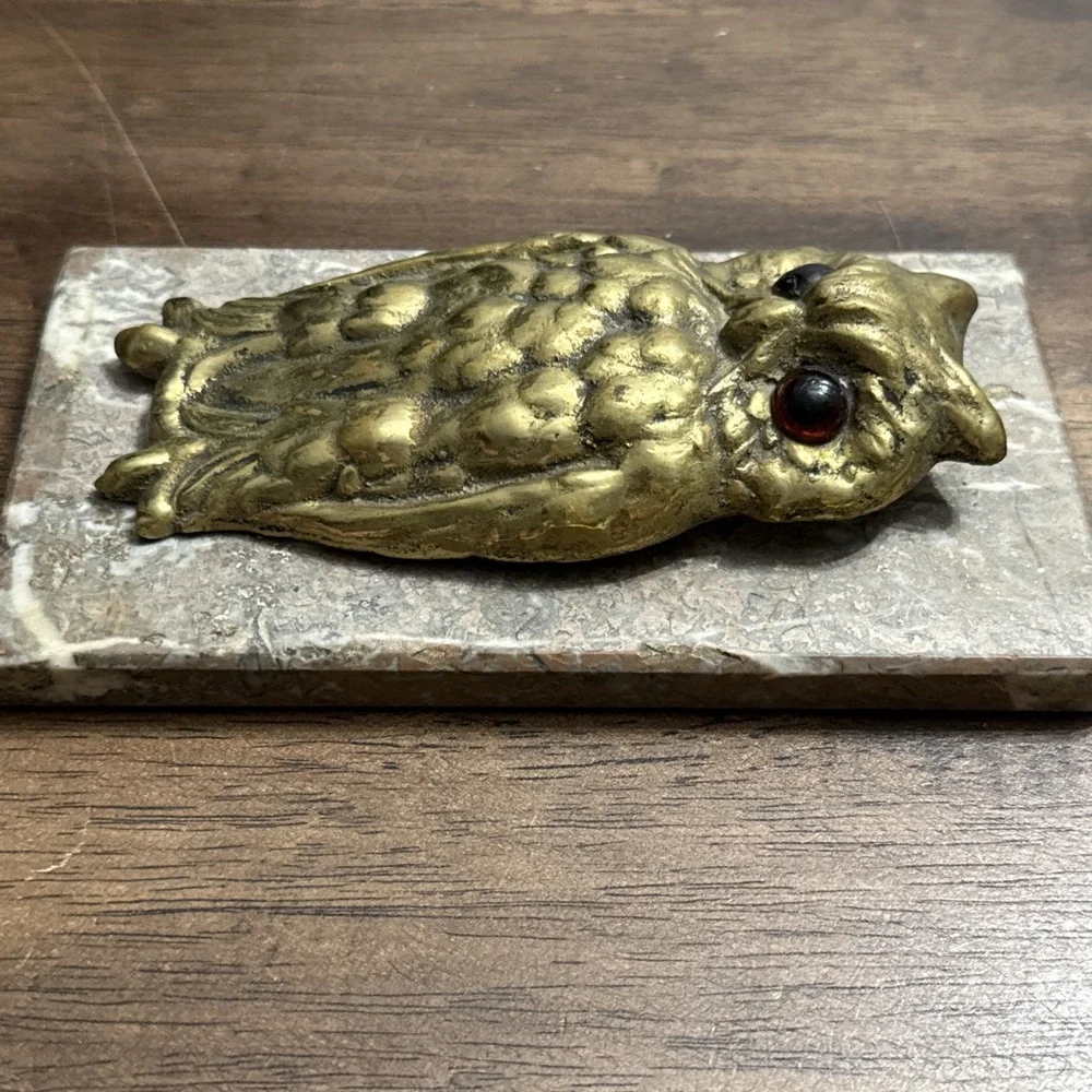 Antique OWL Figural Brass & Marble Desktop Paper Holder Paperclip Vintage Unique
